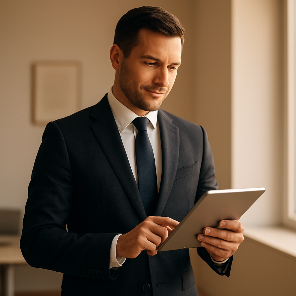 A professional automotive consultant reviewing options in a modern office